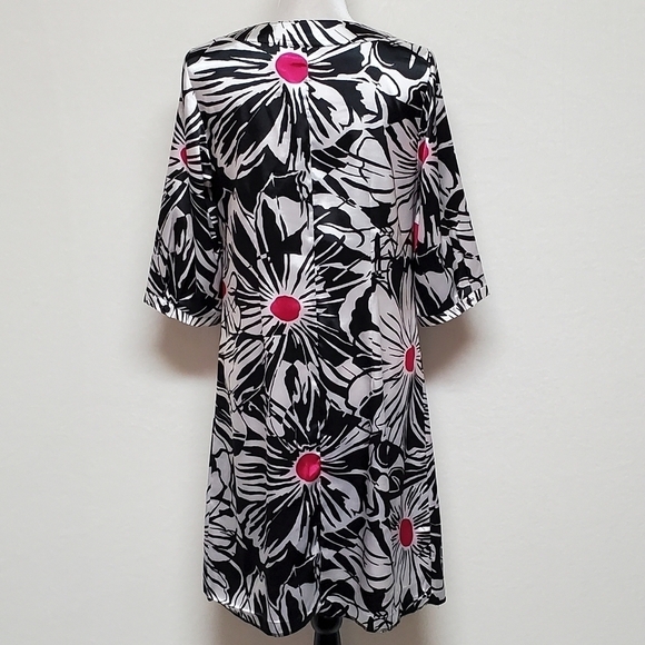 VINTAGE 90s Chico's Black Fuschia Satin Abstract Floral V-neck Shift Dress - Picture 8 of 11